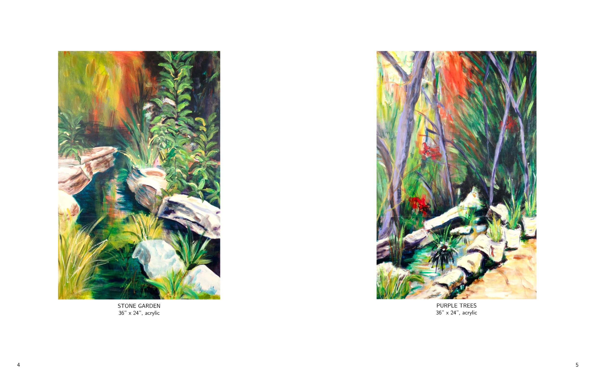 Interior spread from Paintings by Norma Pellicane, pages 4 and 5: Stone Garden and Purple Trees