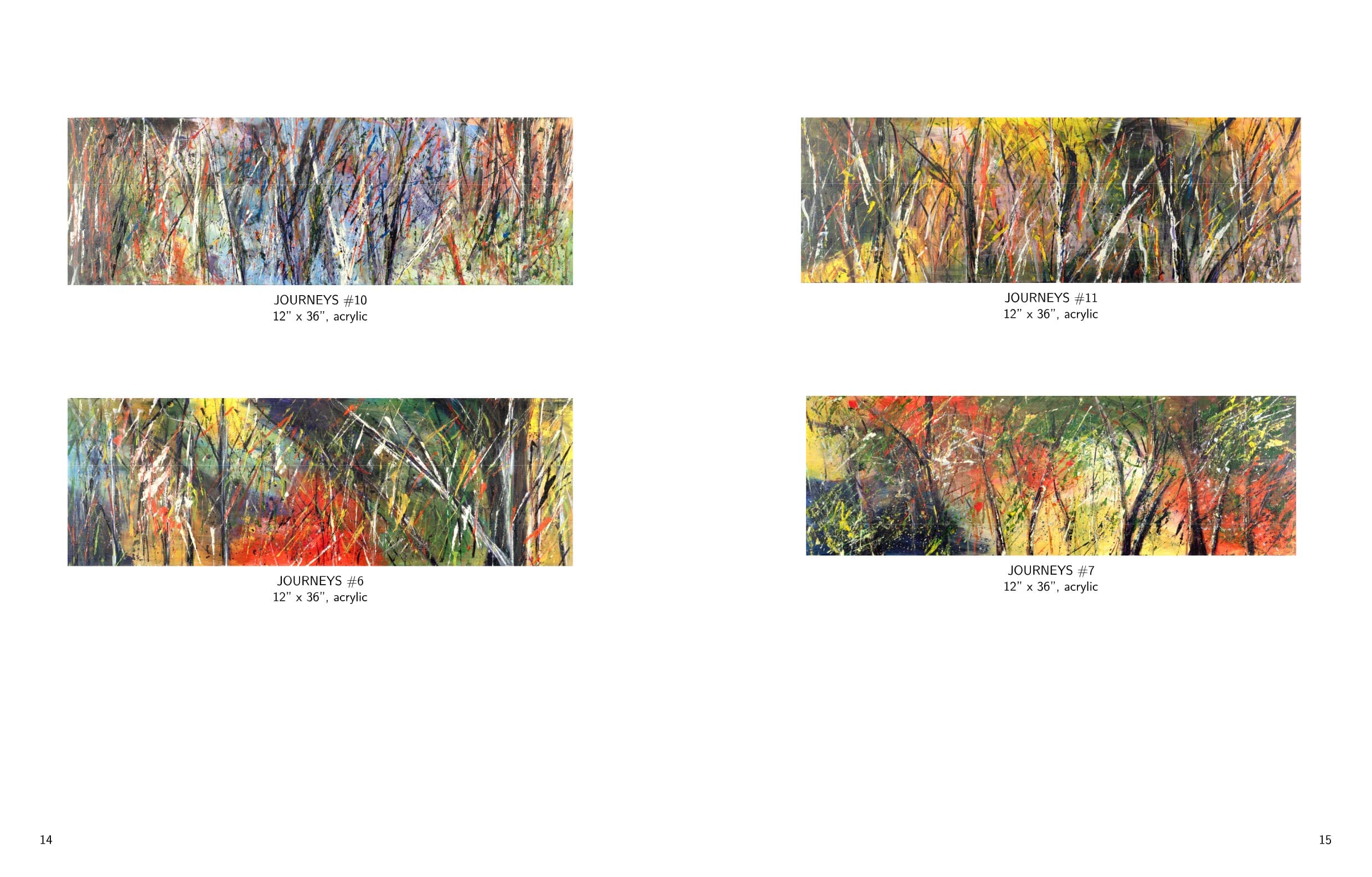 Interior spread from Paintings by Norma Pellicane, pages 14 and 15: Journeys #10, Journeys #6, Journeys #11, and Journeys #7